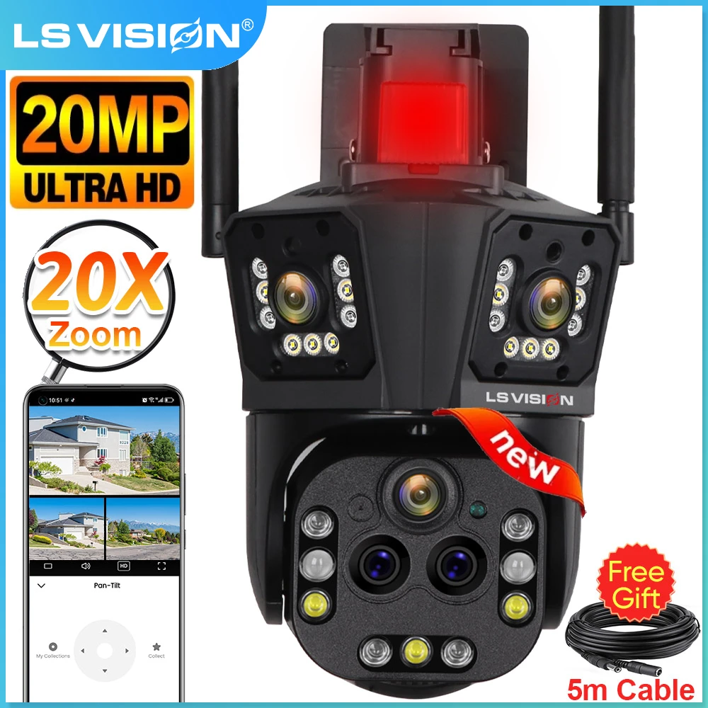 LS VISION 10K 20MP WiFi IP Camera Five Lens 20X Zoom Outdoor 360° Surveillance Security Camera Smart Home Ai Tracking CCTV Cam