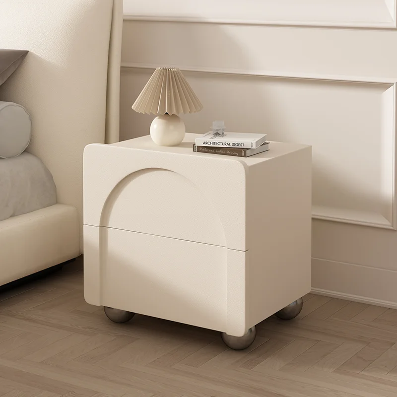 Cream Aesthetic Nightstand White Finish Solid Wood Bedside Table with Leather Wrap Modern Simple Design for Master Bedroom
