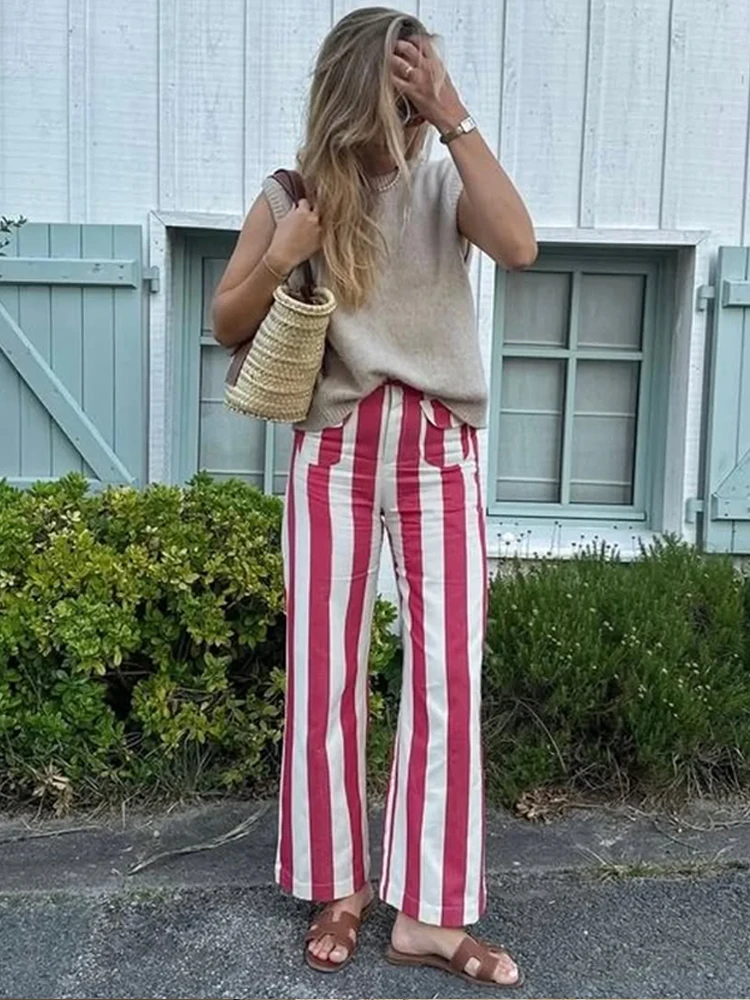 Colorful Striped Low Waist Wide Leg Jeans Slim Fit Flared Hem 2026 Summer Casual Women Denim Pants Trendy Y2K Lady Streetwear