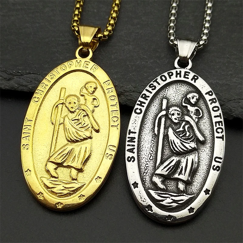 

Saint Christopher Protect Us Juses Pendant Necklace for Women Men Stainless Steel Gold Color Christian Amulet Chain Jewelry