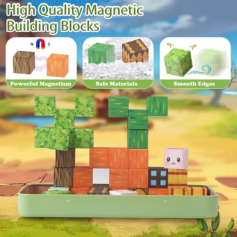 35 قطعة موضوع الجزرة المغناطيسي اللبنات مكعبات المغناطيس مع صندوق حديد محمول الجذعية ألعاب السفر الحسية للأطفال هدية الكريسماس
