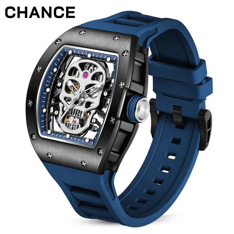 CHANCE Men Watch Tonneau Casual Wristwatch Soft Silicon Band Fashion Men's Wrist Watches Hollow Out Analog Automatic Watches