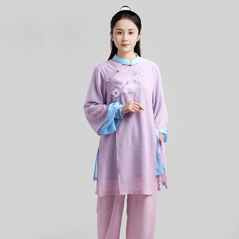 Women's Premium Chinese Style Tai Chi Uniform - Embroidered Frog Buttons & Contrast Trim, Ramie Gauze Martial Arts Outfit (Unise