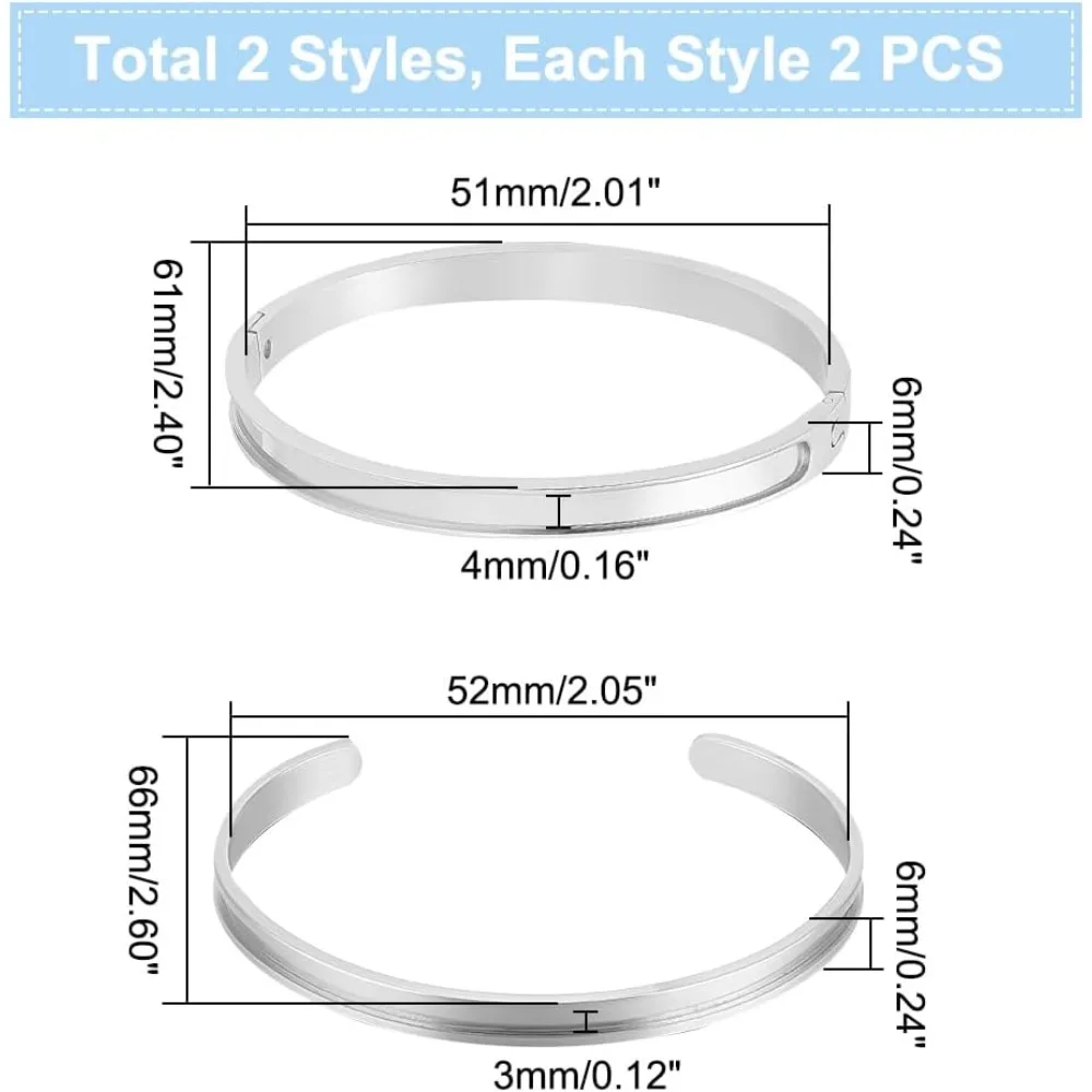 4 قطعة 2 أنماط مخدد الكفة الإسورة 5.1 سنتيمتر الداخلية 201 الفولاذ المقاوم للصدأ الشعر التعادل الكفة سوار معدني فارغ أساور فارغة