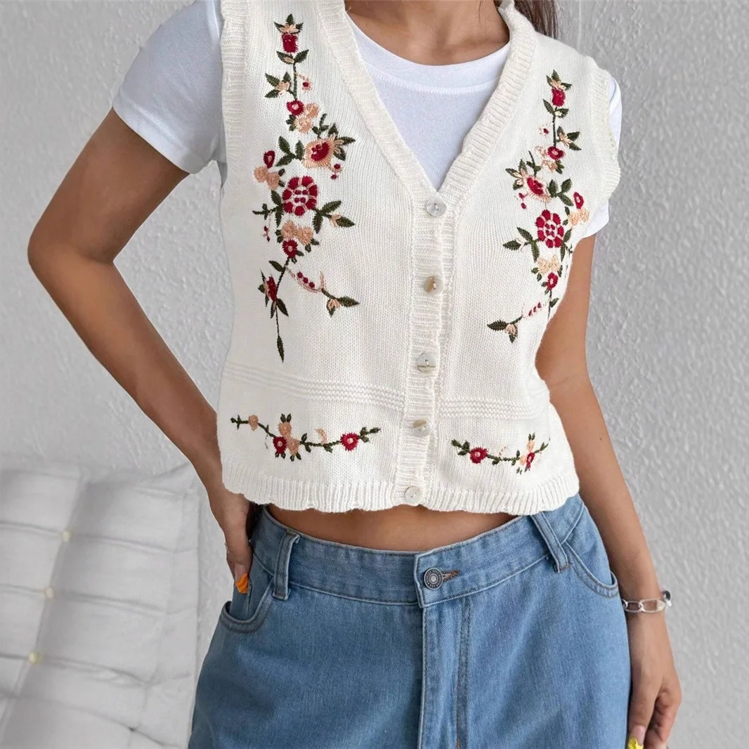 다용도 자수 니트 스웨터 여성용 탱크탑 오픈 가디건 단추 하나로 여닫는 다른 소재 00%