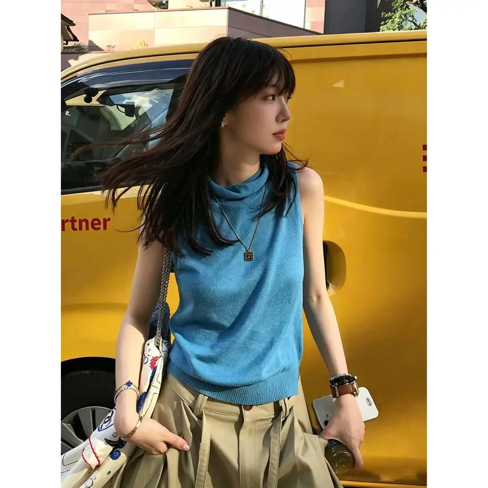Blue Knitted Sleeveless High Collar Vest Women's Summer White Enhancing Outerwear Design Unique And Special Small Shirt