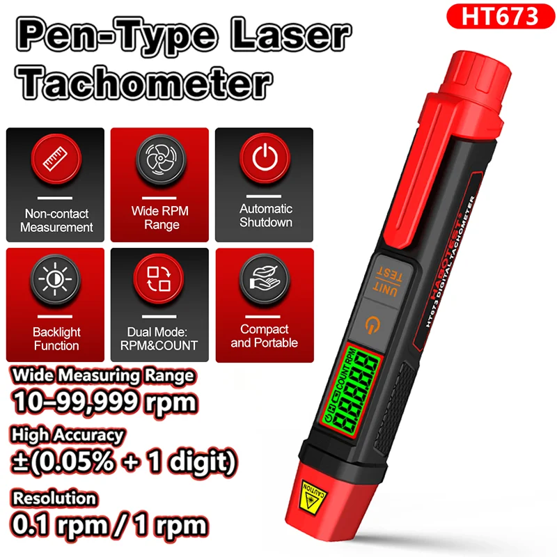 HT673 Digital Pen-Type Laser Tachometer 10-99999RPM 5-Digit LCD Dispaly Tachometer RPM Count Mode Non-Contact Speed Count Meter