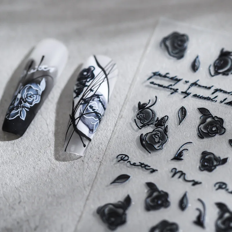 

Acrylic Engraved Black Flowers Design Floral Nail Sticker Decals DIY Slider For Manicuring Nail Art Decoration Z0631