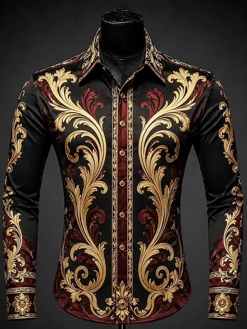 New Black and Red Flame Double Dragon Pattern Bright Long Sleeve Shirt Dark Hardcore Men's Motorcycle Shirt