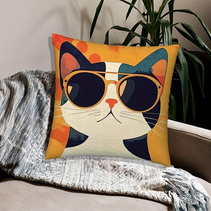 Cool Cat with Sunglasses Throw Pillow Cover Retro Orange Abstract Decorative Pillow Case for Cat Lovers