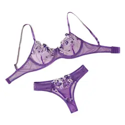 Purple Fancy Sexy Lingerie Set See Through Hot Female Underwear Embroidery Flower Bra And Panty Sets Women Erotic Outfits