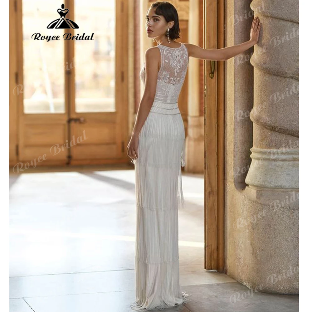 V Neck Sleeveless Wedding Dress Beaded Lace Fringe Sheath  Art Deco Tiered Tassel Floor Length Reception Bridal Gown Customized