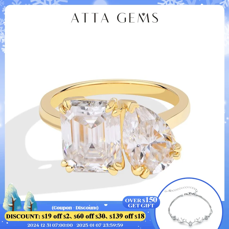 

ATTAGEMS Pear Cut 3.0CT Moissanite Ring for Women Emerald Cut 4CT D VVS1 Diamond 925 Silver 18K Gold Plated Wedding Jewelry Gift