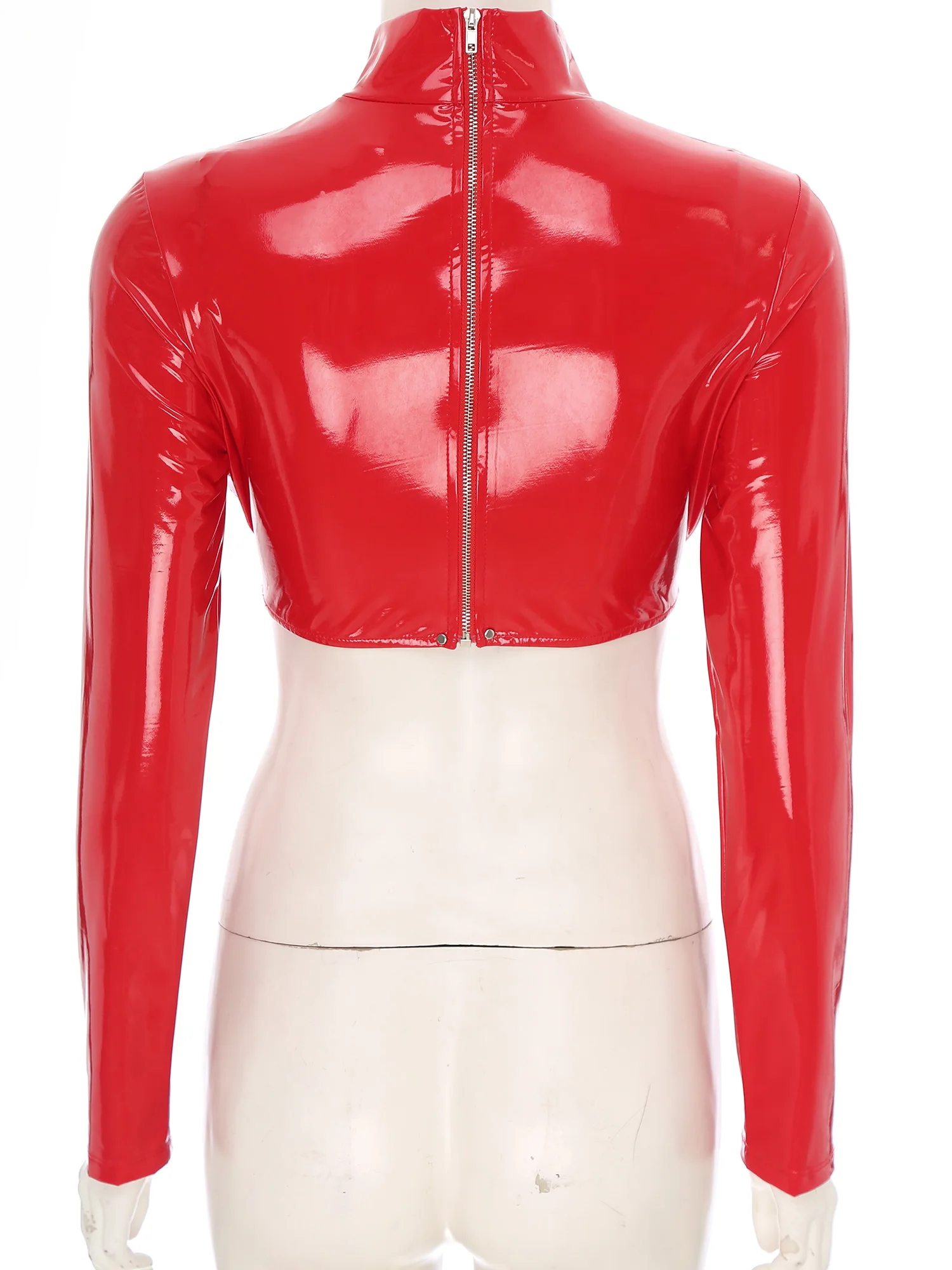 Patent Leather Women Hollow Out Nipple Crop Tops Sexy Wetlook Metal Chains Long Sleeve Back Zipper Coat Rave Party Nightclubwear