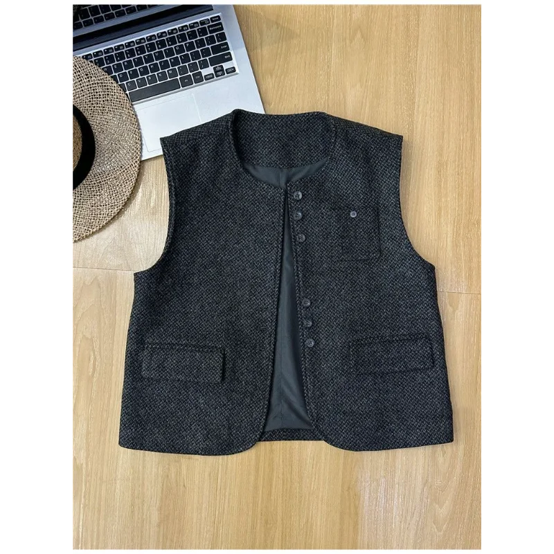 Wysokiej jakości pikowana wełniana kamizelka damska na jesień i zimę 2025, nowa, łączona, zapinana na guziki, modna, jednolita kolorystycznie.