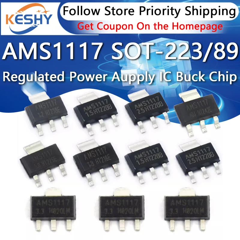 10PCS AMS1117-1.2V 1.5V 1.8V 2.5V 3.3V 5.0V ADJ Regulated ASM1117 Power Aupply IC Buck Chip SOT-223 SOT-89