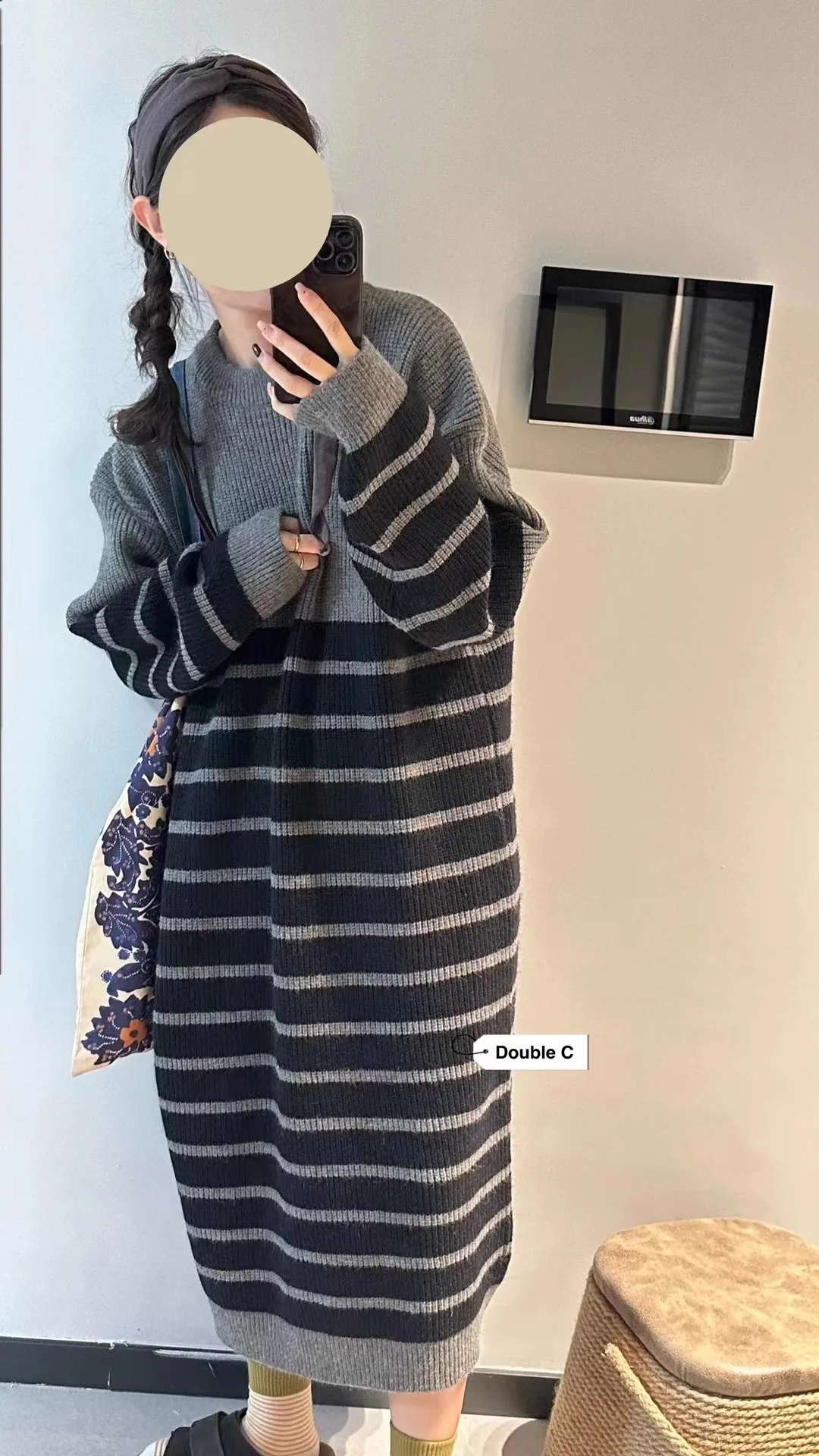 

Женское трикотажное платье из 100% шерсти во французском полоске, новинка осени и зимы 202, свободное элегантное шерстяное платье больших размеров с круглым вырезом