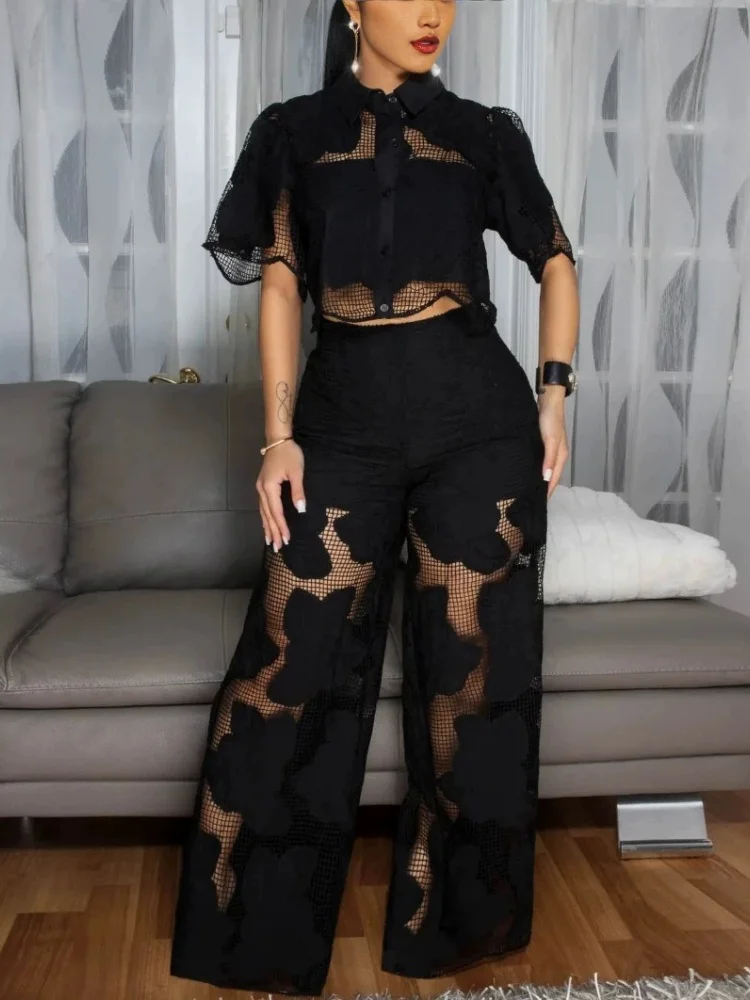 Women 2 Piece Outfit Lapel Collar Mesh Lace Short Sleeve Cropped Shirt High Waist Wide Leg Pants Hollow Party Matching Suit