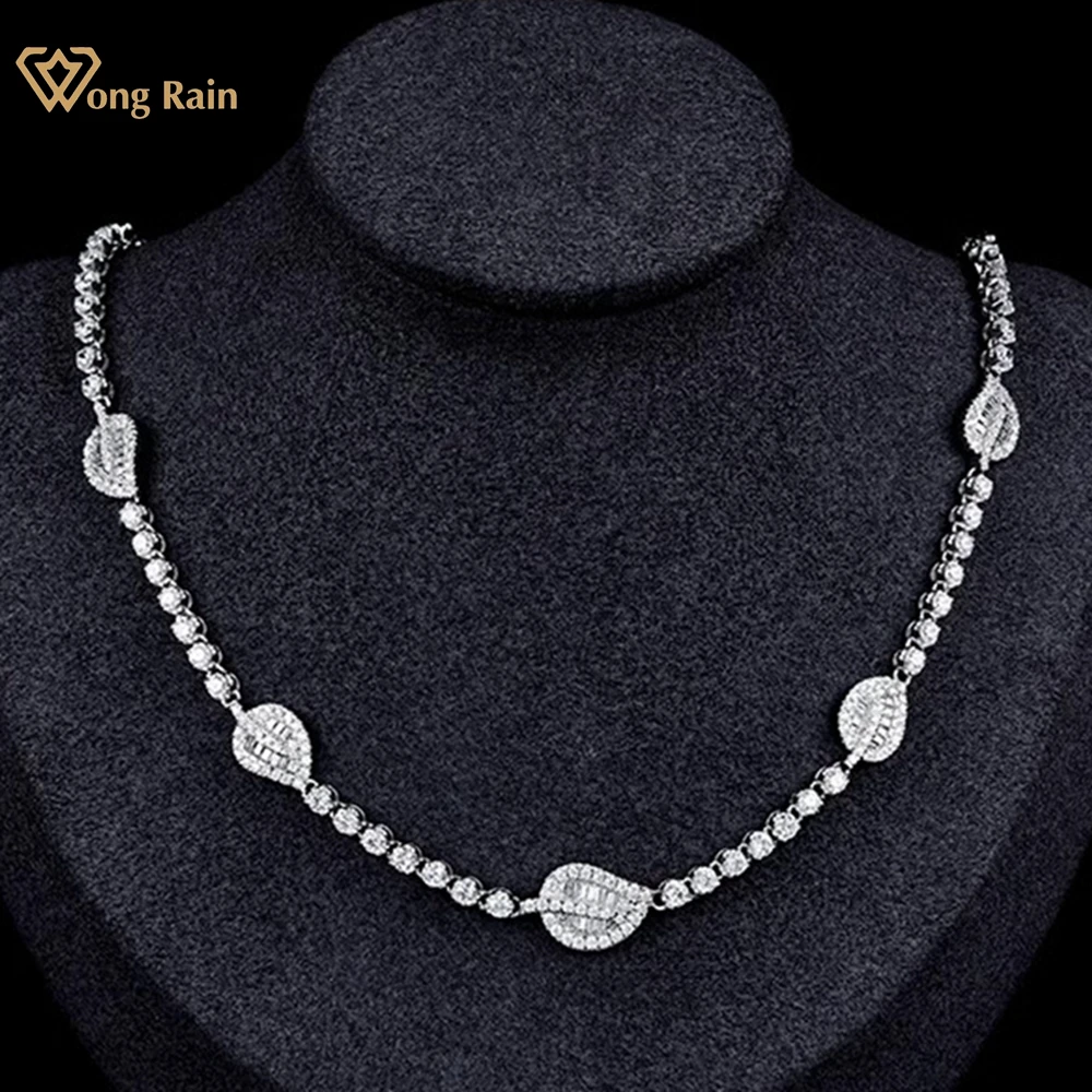 Wong Rain 100% 925 Sterling Silver Lab Sapphire Gemstone Sparkling Charm Chain Necklace for Women Fine Jewelry Anniversary Gifts