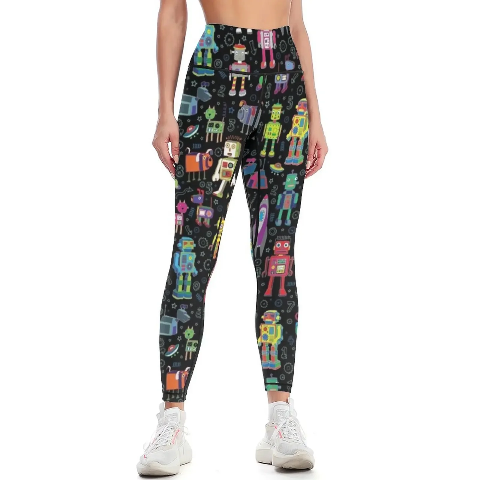 

Robots in Space - black - fun pattern by Cecca Designs Leggings workout clothes for sportswear for gym Womens Leggings