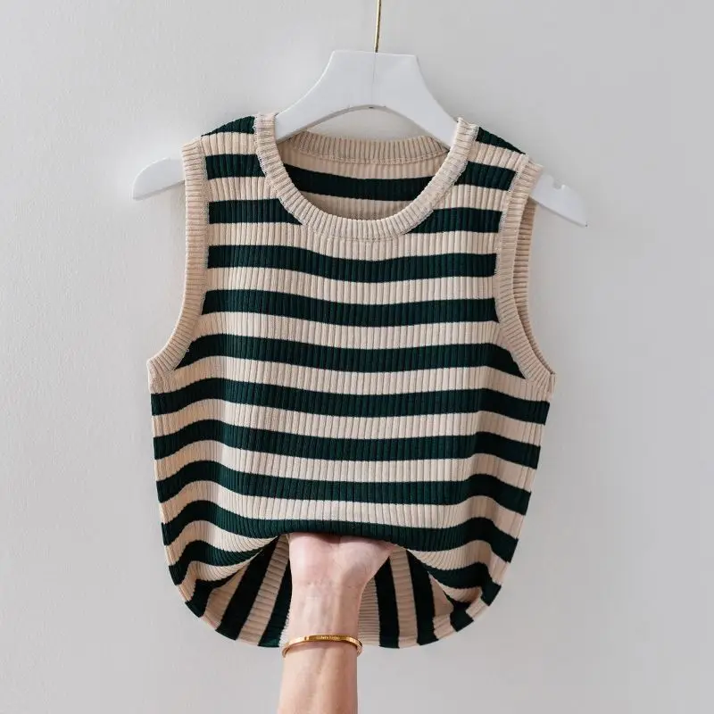 Summer Women\'s Clothing Pullover Screw Thread Round Neck Contrast Color Striped Casual T-shirt Fashion Trendy Classic Tops