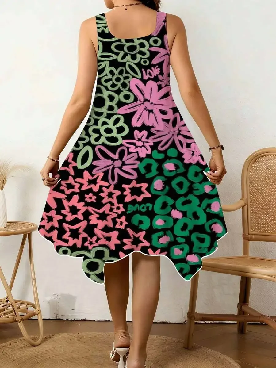 

Women V Neck Irregular Hem Dress Colorful Floral Star Print Love Text Summer Beach Vacation Casual