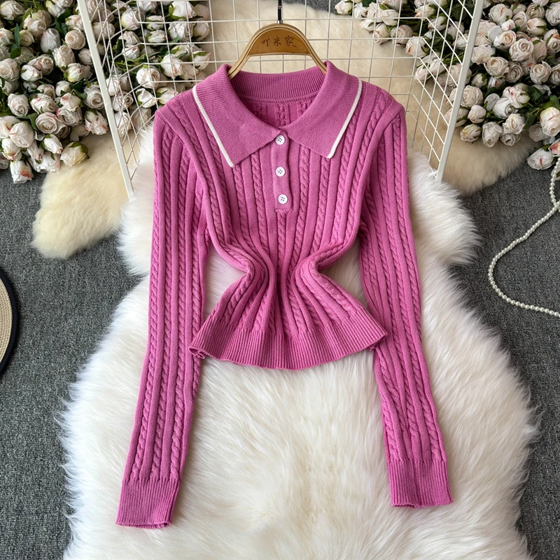 REALEFT Autumn Winter 2 Pieces Women\'s Sets Knitted Tracksuit Polo Collar Sweater and A-line Skater Skirts Suits 2024 New