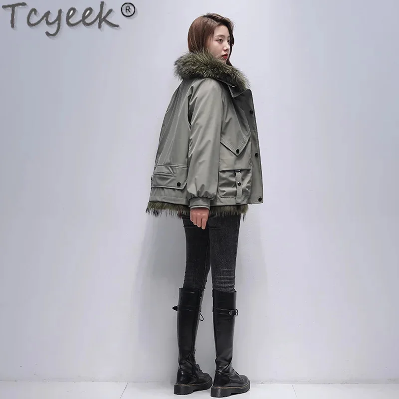 Tcyeek-Parka desmontable para mujer, abrigo con forro de conejo Rex, ropa elegante de estilo coreano, Cuello de piel de mapache, invierno, 2024