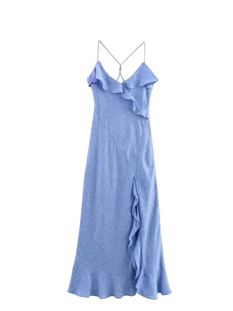HH Vestido feminino estilo férias de verão com decote em V em camadas assimétrico feminino elegante sexy sem costas alça bainha fenda vestido midi
