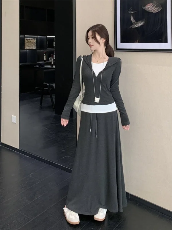 

plus Size Women's Lazy Style Casual Hoodie Top High Waist Slimming Skirt Two-Piece Set Korean Version Fashion plus Size