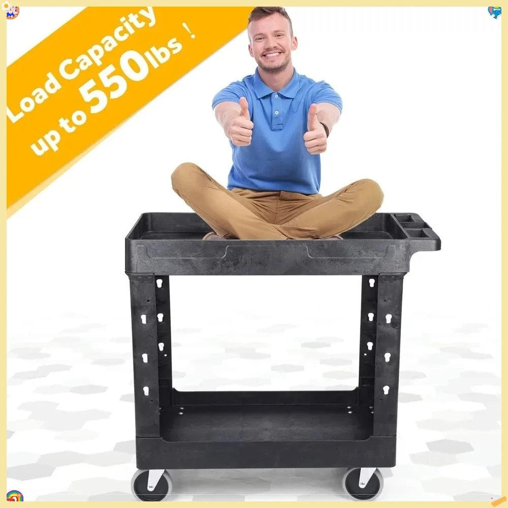 Carrinho utilitário de plástico resistente 34 x 17 polegadas - armazenamento de banheira de carrinho de trabalho com prateleiras profundas e rodas giratórias completas