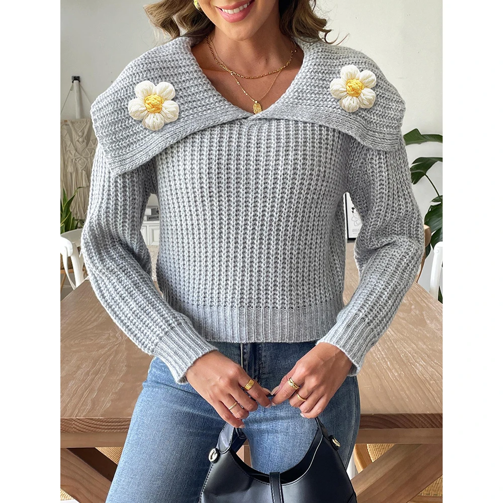 Mia Muse Damen-Pullover, Herbst und Winter, elegant, französisch, schmale Passform, Blumen, lange Ärmel, V-Ausschnitt, Reißverschluss, Alltagspullover