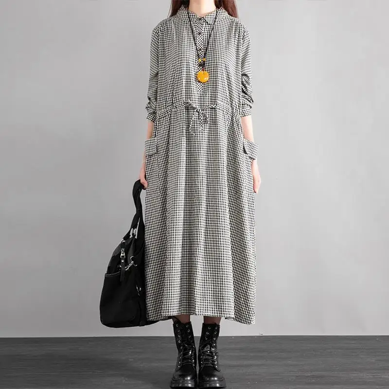 Women Lapel Plaid Shirt Dress Long Sleeve Drawstring Waist Loose Maxi Dress With Pockets