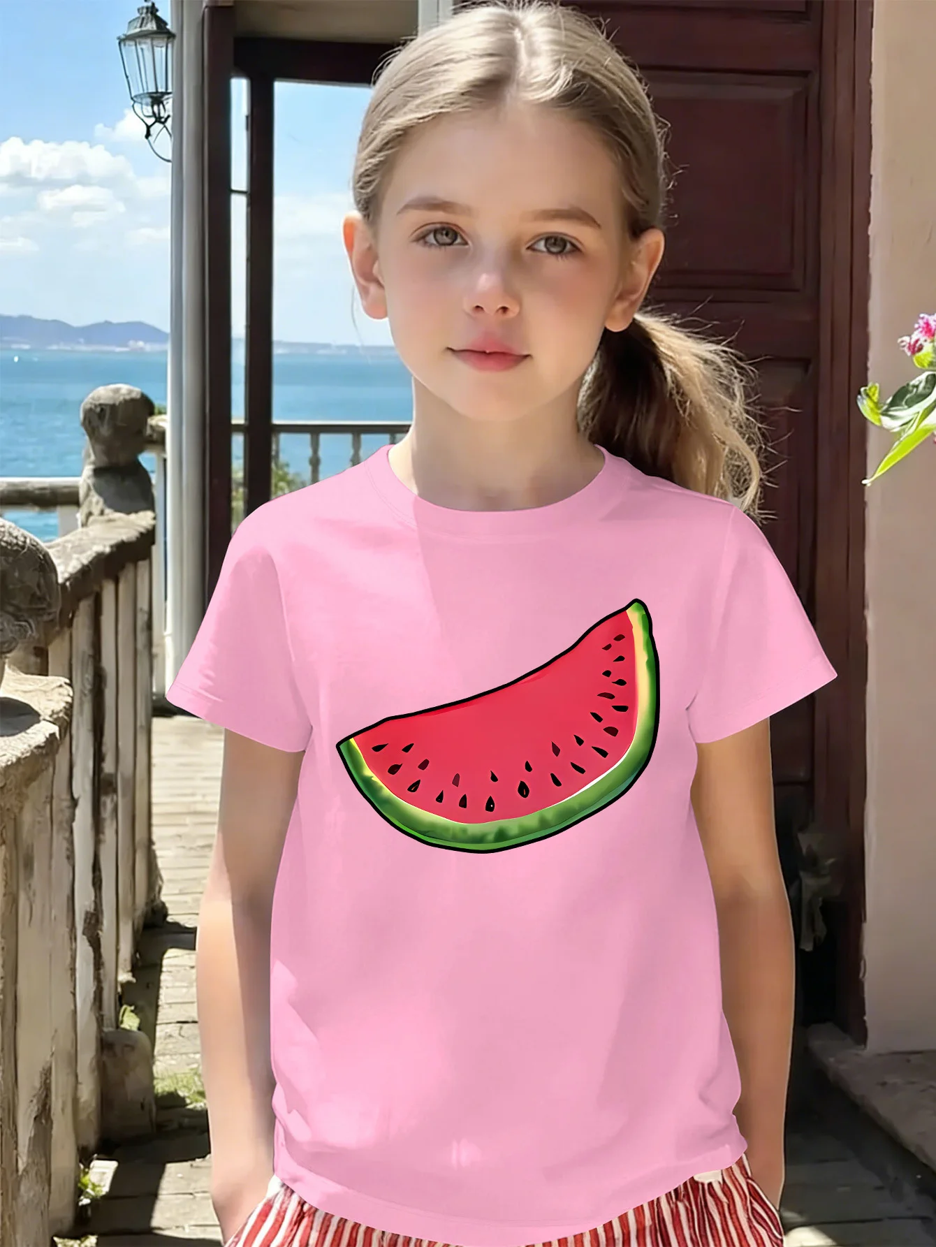 Fresh Watermelon Slice Summer Fruit Print Kids T Shirt Boys Girls Short Sleeve Cotton Family Matching Toddler Daily Casual Tops
