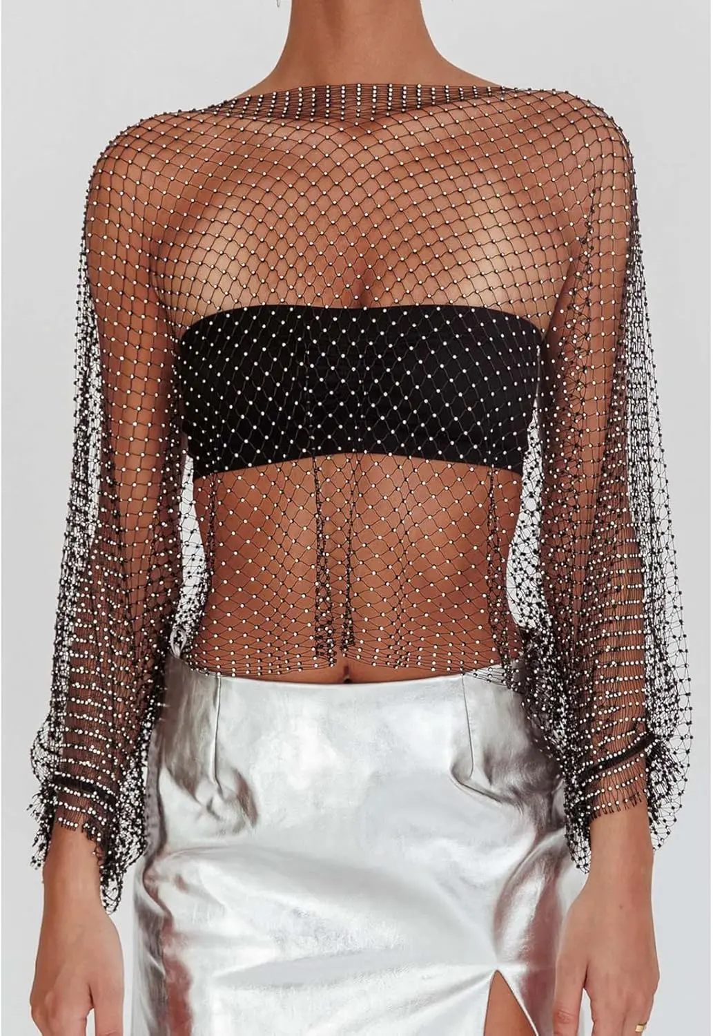 Women Rhinestone Crop Top Long Sleeve Fishnet Tops Bikini Cover Up for Concert Party Festival