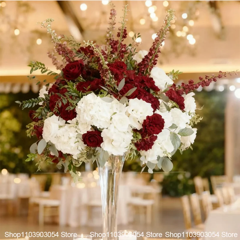 Weiße Hochzeitstischdekoration, künstliche Blumenarrangements, Hortensien, Rosen, Delphinien, Blumen für Hochzeitsfeier, Partydekoration – Detail 1