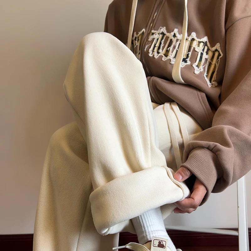 

Мужские зимние спортивные брюки свободного кроя с флисовой подкладкой, прямые широкие штаны в американском стиле, повседневные брюки