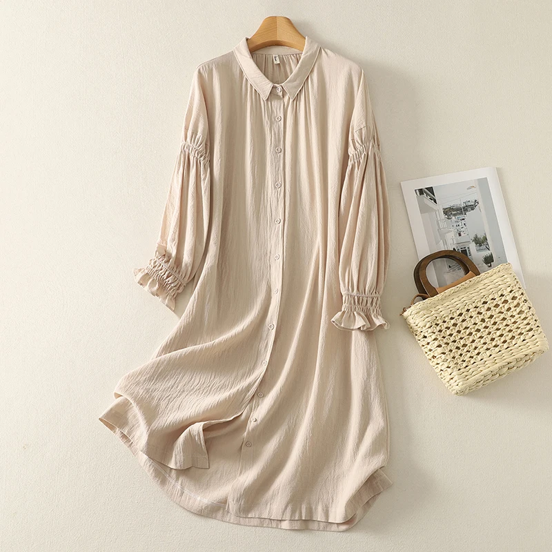 

Женское элегантное хлопково-льняное платье, осеннее новое свободное платье трапециевидной формы с отложным воротником и длинными рукавами, красивое повседневное платье средней длины