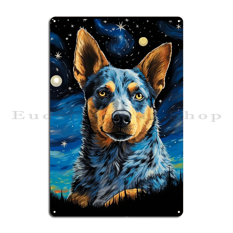 Funny Belgian Malinois Dog Loves Branch v2 Digital Artwork Husky Blue Starry Night Metal Wall Cave Pub Vintage Tin Sign Posters