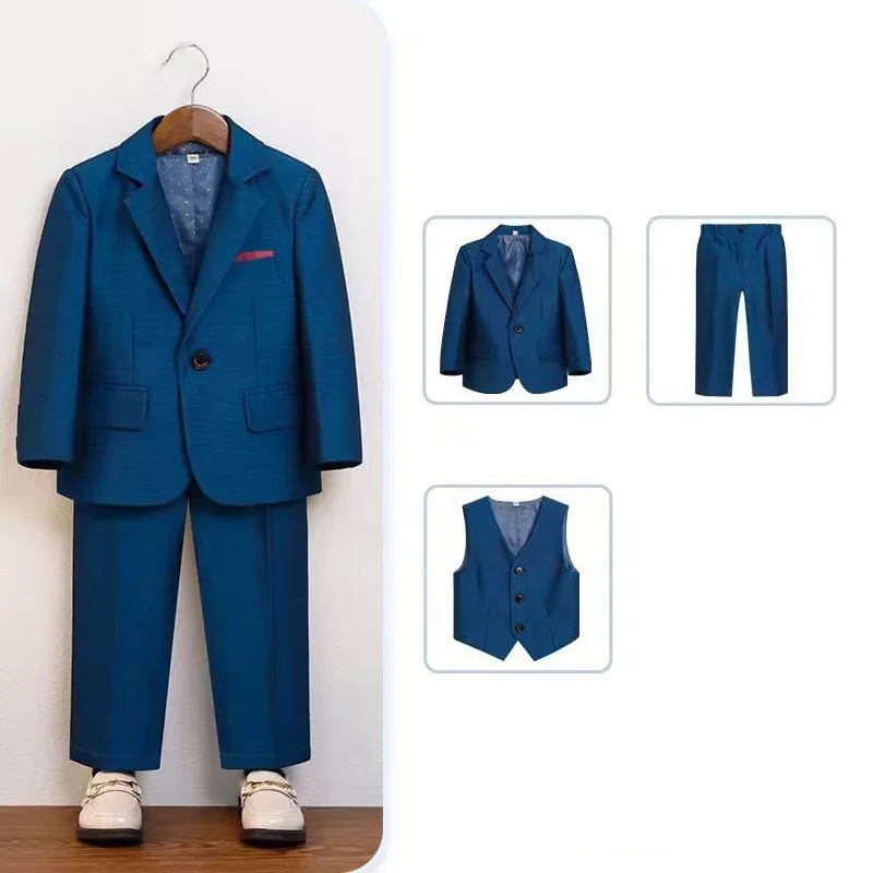 

Clearance Stock Sale Boys Shiny Blue 3Pieces Jacket Vest Pants Photography Suit Kids Wedding Party Dress Children School Costume