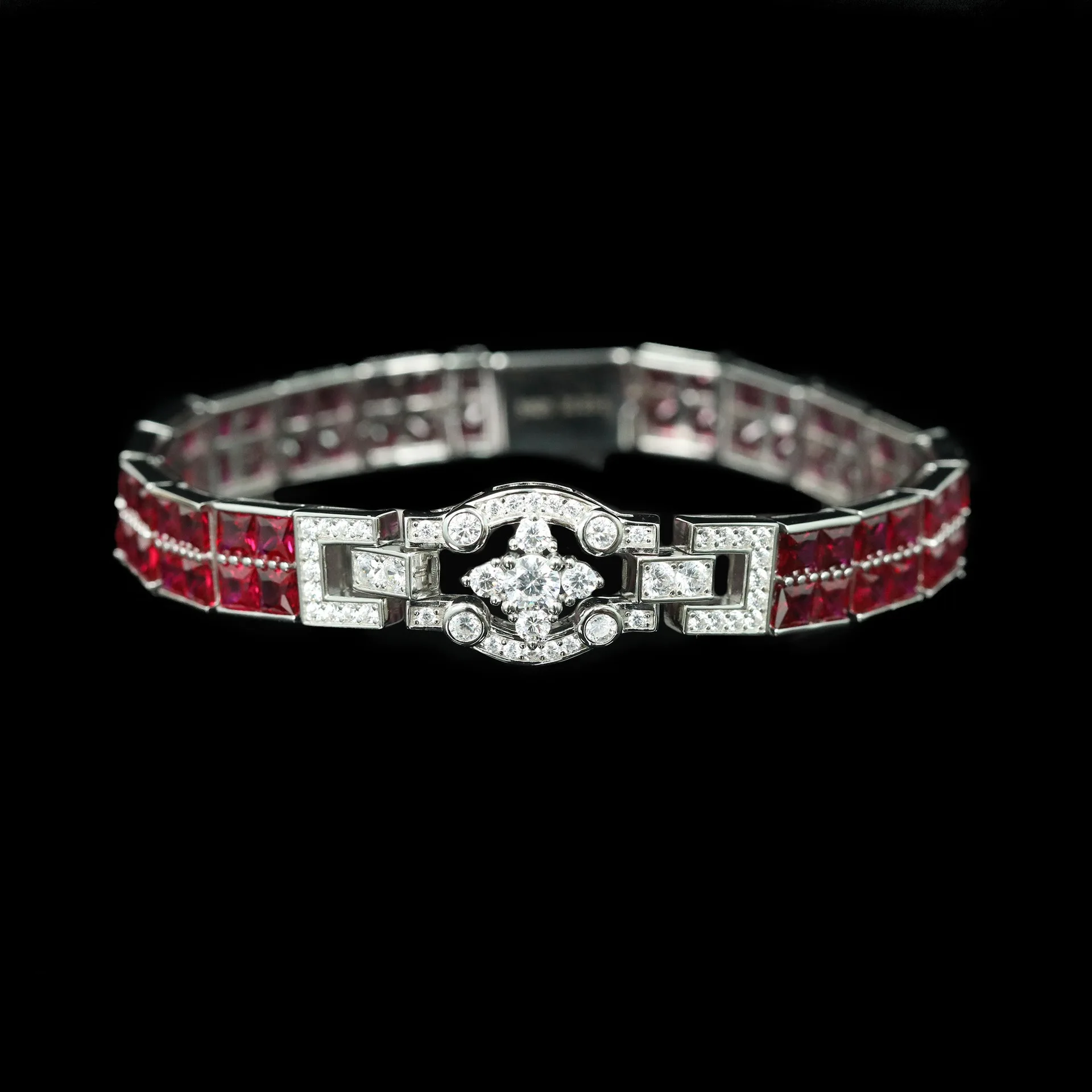 Solid 925 Sterling Silver With Lab Created T Rectangle Red Ruby Gemstone High Carbon Diamond Tennis Chain Bracelet Jewelry