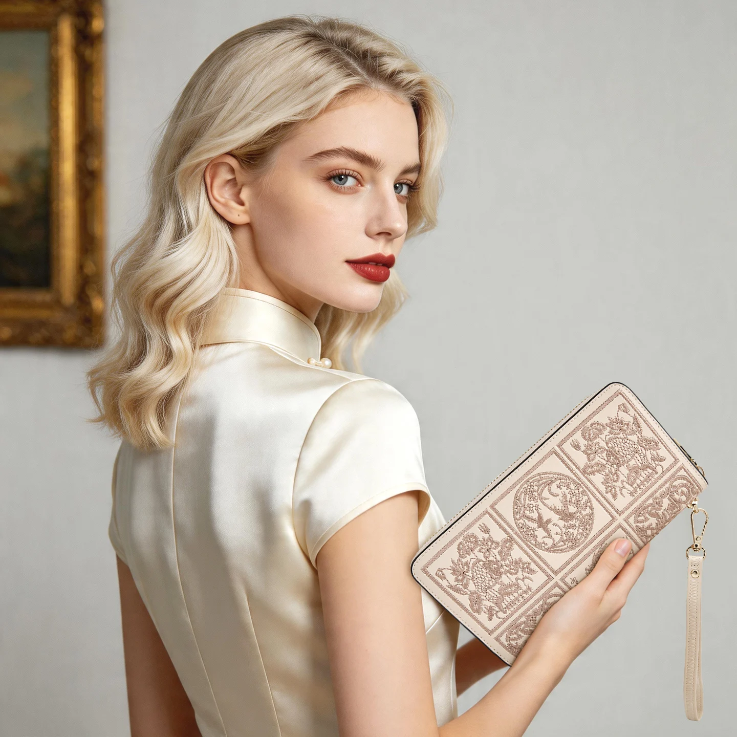 FOXER Women Long Wallet Chinese Style Embroidery Split Leather Zipper Lady Card Holder Purse Large Capacity Phone Bag as Gift