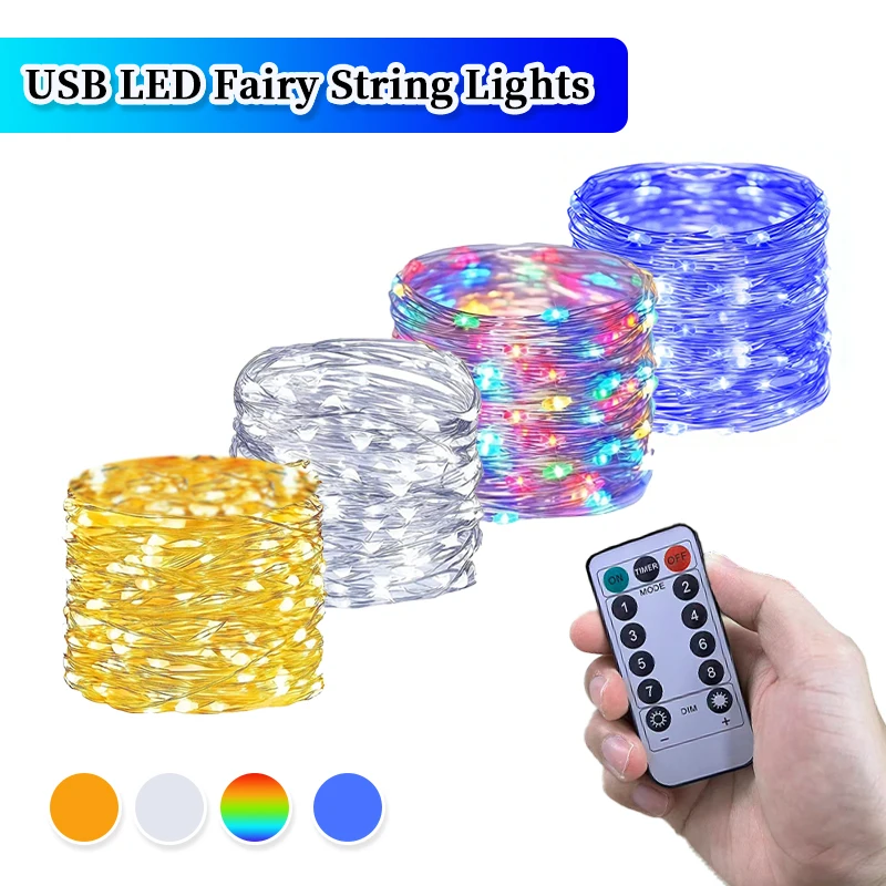 2M20LED-30M300LED USB Copper Wire String Lights Remote Control Warm White Blue Colorful 8 Modes for Holiday Party Home Decor Set