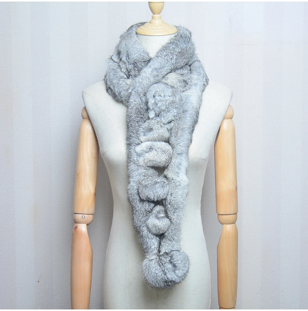 Women Winter Rabbit Fur Scarf 100% Natural Rabbit Fur Fashion warm And Soft Neckerchief Wholesale Pompoml Fur Scarves Headbands