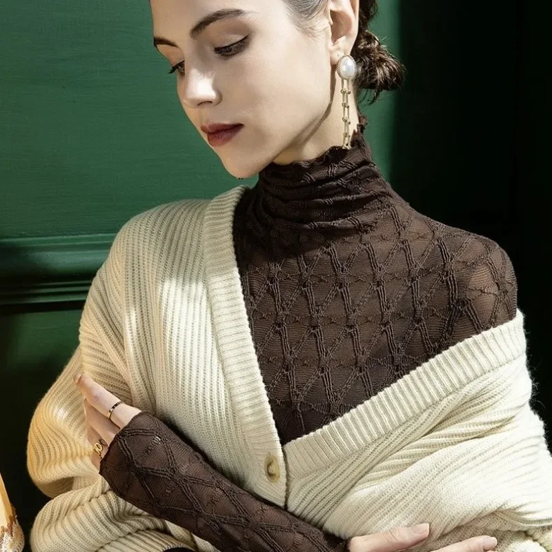 High Neck Net Gauze Base Winter Spring Autumn Ears New Gauze Slim Long Sleeve Style Lace Top Comfortable and Simple Sweater