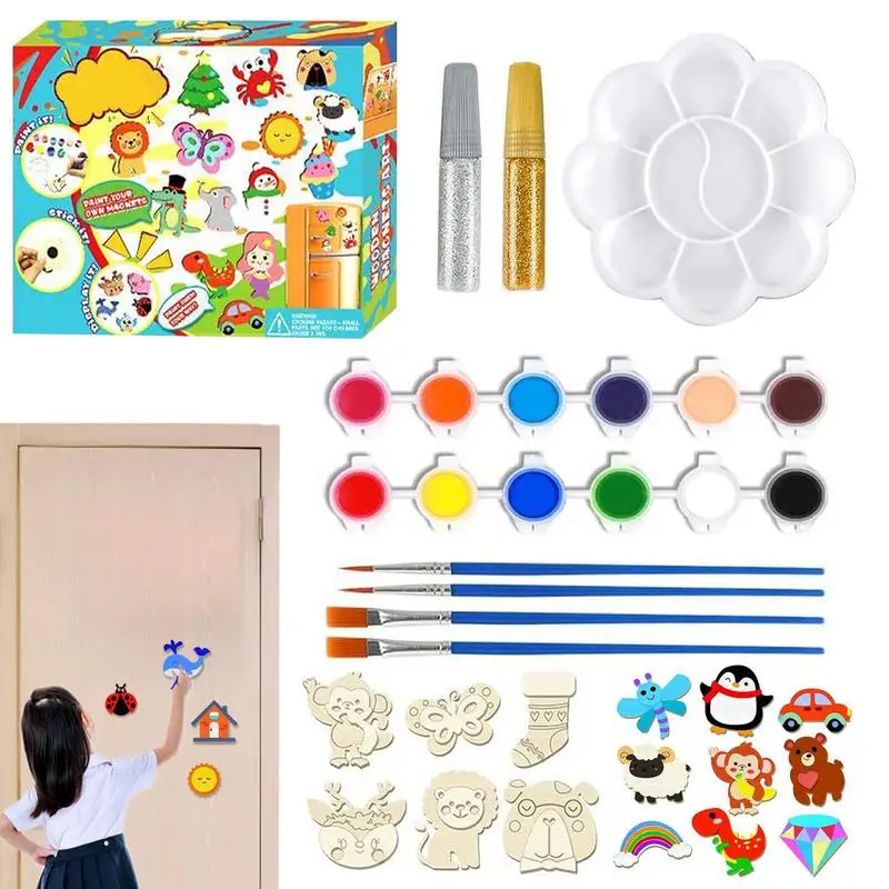 Wooden Magnet Art Paint Set 40 Blocks Magnets Craft Painting Kit Educational Fridge Magnets Crafts Creativity Painting Kit For