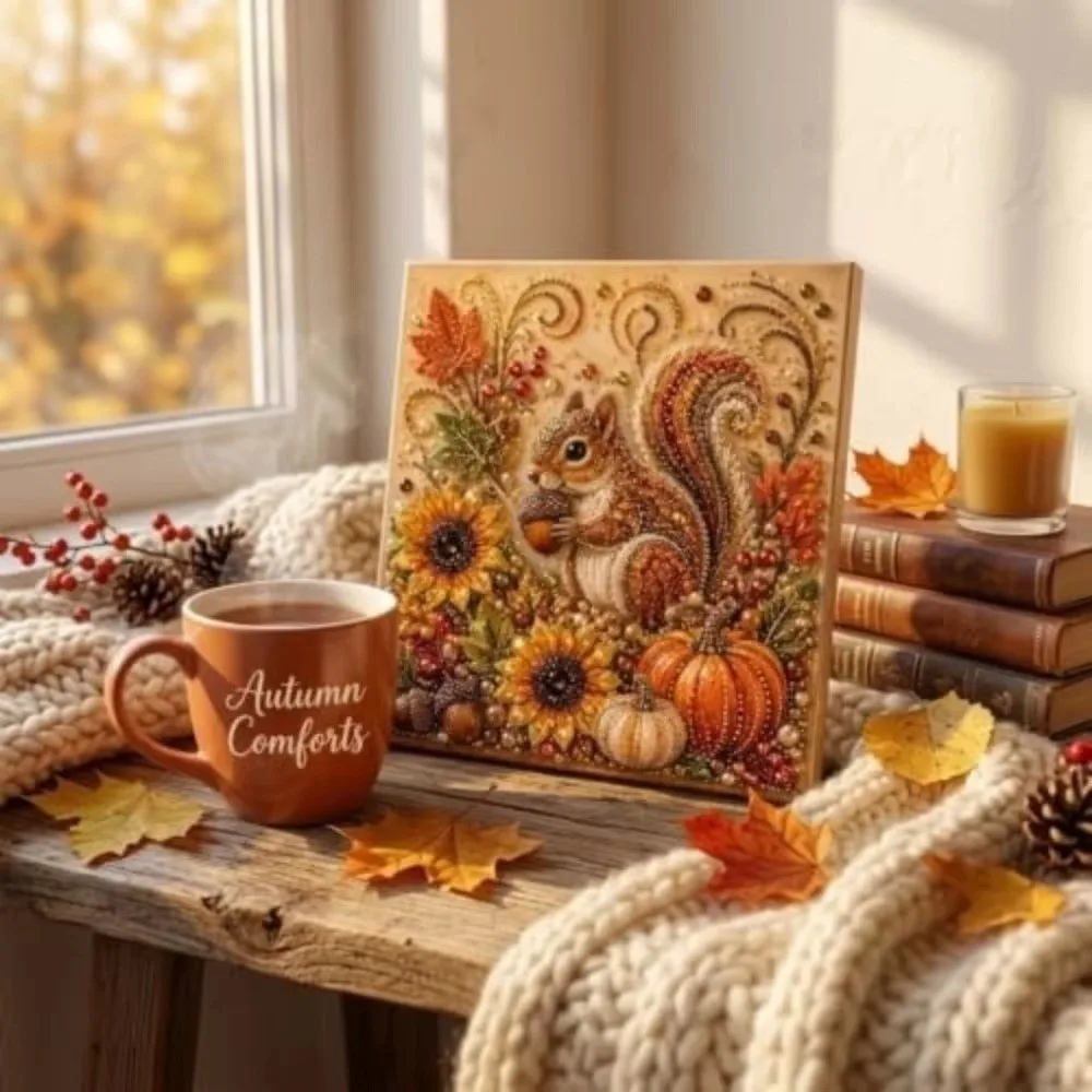 Sparkling Diamond Pearl Painting Kit Fall Theme Autumn Theme 5D Gem Art Craft Kit Creative 7.8 X 7.8 Inch Beaded Canvas Art