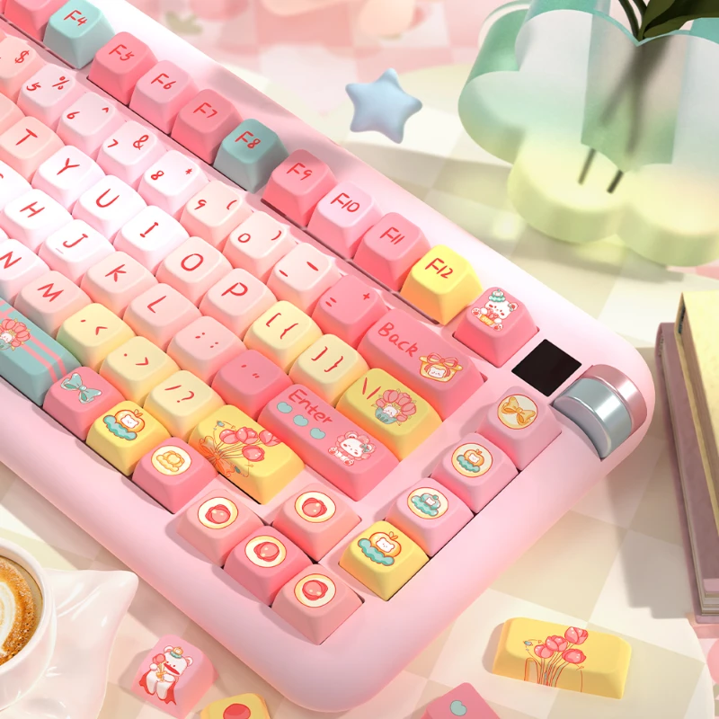 

158 Keys/Set Tulips Bears Keycaps Girl Cute Kawaii Pink PBT Keycaps MDA Height for MX Switch DIY Mechanical Keyboards Gift