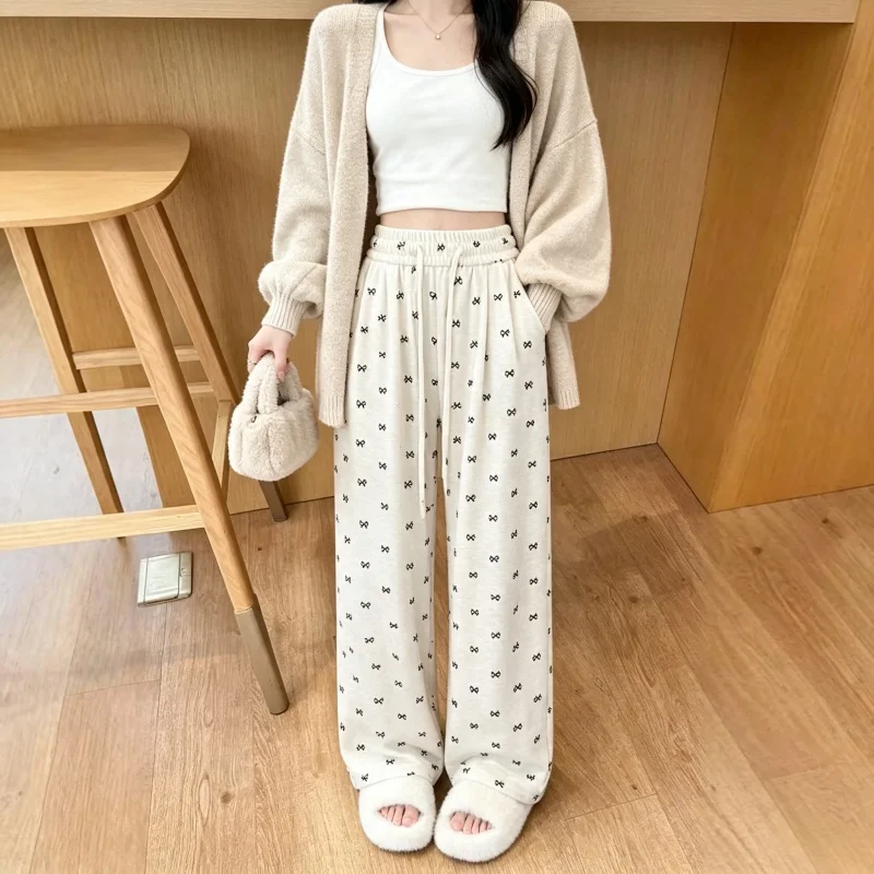 Kawaii Korean Women Bow Pattern Wide Leg Trousers Elastic Waist Loose Casual Pants Soft Stretch Daily Commute