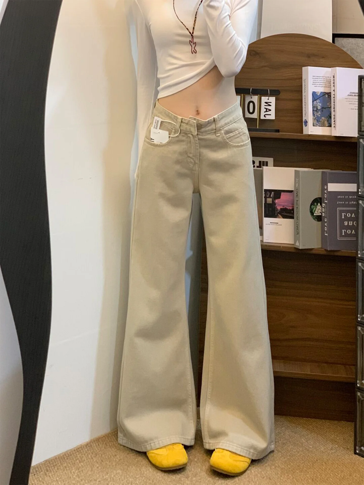 

Washed Khaki Wide Leg Jeans Women's Summer New Lazy Style Slimming Retro Denim Pants High Waist Straight Cut Daily Wear